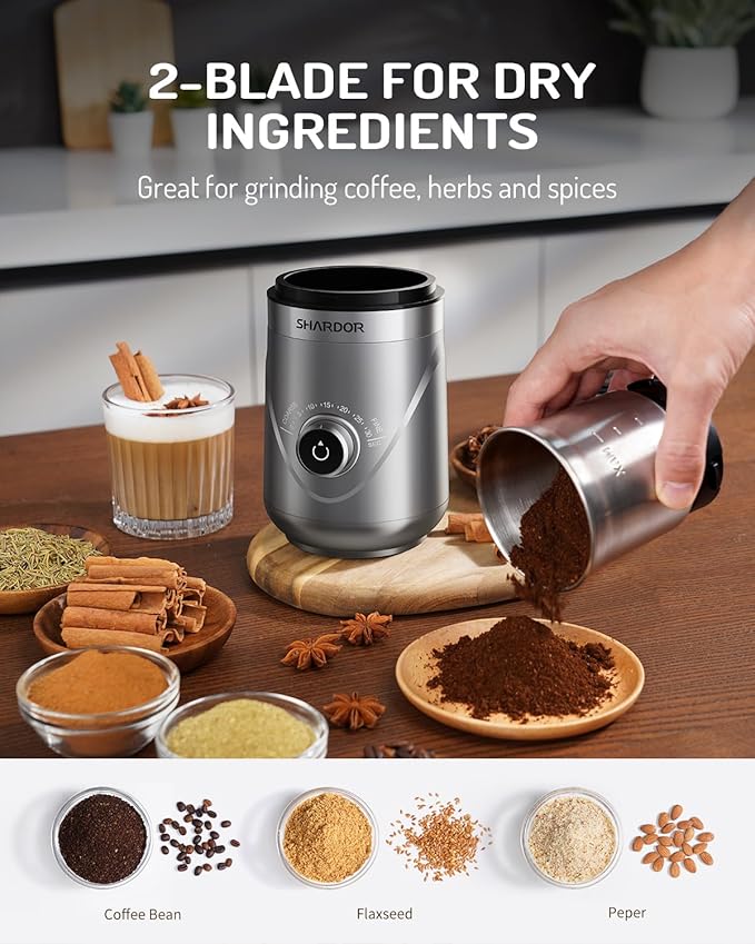 SHARDOR Electric Super Silent Blade Coffee Grinder, Timed Grind Control Rotary Knob, Adjustable Coarse to Fine for Coffee Beans, Spices & Herbs, with 2 Removable Stainless Steel Bowl, Silver