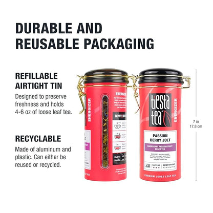 Tiesta Tea - Passion Berry Jolt, Loose Leaf, Raspberry Passion Fruit Black Tea, Premium High Caffeinated Black Blend, Make Hot or Iced, 16oz Bulk Pouch & 4oz Refillable Tin Combo