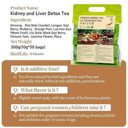 Premium Ginseng Tea - Natural Organic Kidney and Liver Detox Tea - 12 Herbal Blend with Goji Berry，Jujube, Longan, Mulberry & Maca - Caffeine & Sugar Free - 50 Individually Wrapped Pyramid Large Tea Bags (500g)