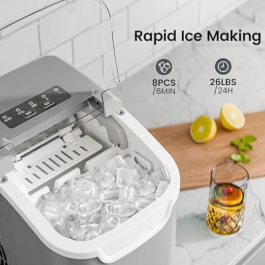 Kismile Ice Makers Countertop with Handle,8 Cubes in 6 Mins,Portable Ice Maker Machine with Self-Cleaning for Home/Office(Grey)