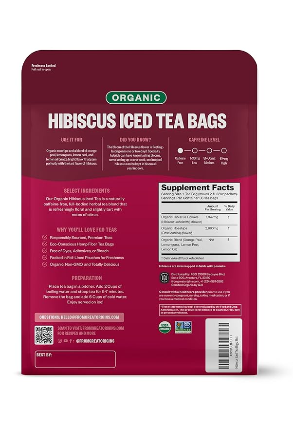 FGO Organic Hibiscus Iced Tea, 36 Eco-Conscious Pitcher Sized Tea Bags, Packaging May Vary (Pack of 1)