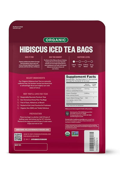 FGO Organic Hibiscus Iced Tea, 36 Eco-Conscious Pitcher Sized Tea Bags, Packaging May Vary (Pack of 1)