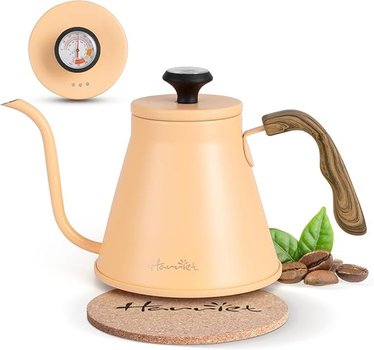 Harriet Gooseneck Kettle with Thermometer for Pour Over Coffee and Tea, 37 fl oz, Stainless Steel, Durable 3-Layer Base, Ideal Spout for Precision Pouring, Compatible with all Stove Tops, Peach