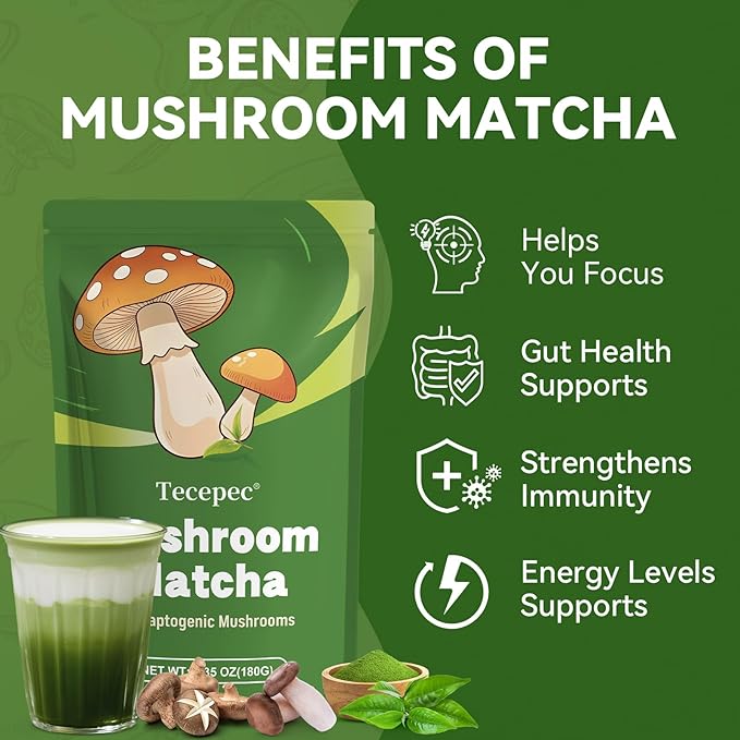 Mushroom Matcha Blend with 6 Adaptogen Mushrooms & Ceremonial-Grade Matcha Powder - Boosts Energy, Focus, Digestion, Immunity (30 Servings)