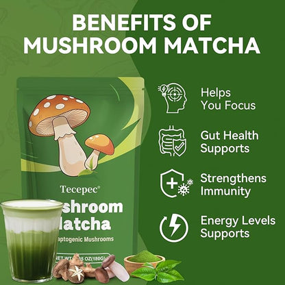 Mushroom Matcha Blend with 6 Adaptogen Mushrooms & Ceremonial-Grade Matcha Powder - Boosts Energy, Focus, Digestion, Immunity (30 Servings)