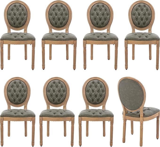 Vintage French Country Dining Room Chairs Set of 8, PU Leather Dining Chairs with Solid Wood Legs, Upholstered Dining Chair, Sillas para Comedor, Kitchen & Dining Room Chair (Olive Green, PU, 8Pcs)