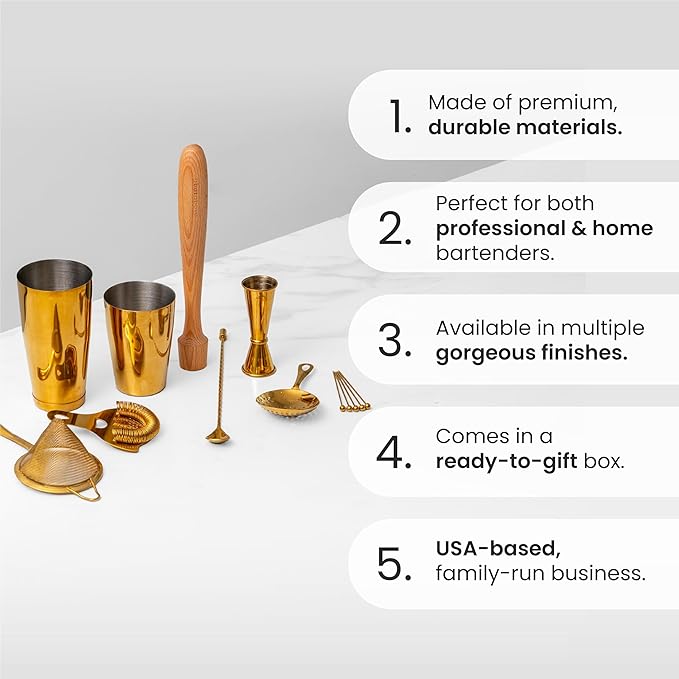 A Bar Above 14-Piece Antique Copper Bartender Kit, Premium Stainless Steel Barware Gift Set for Home Bar, Includes Shaker, Jigger, Strainers, Spoon, Picks, Professional Mixology Tools