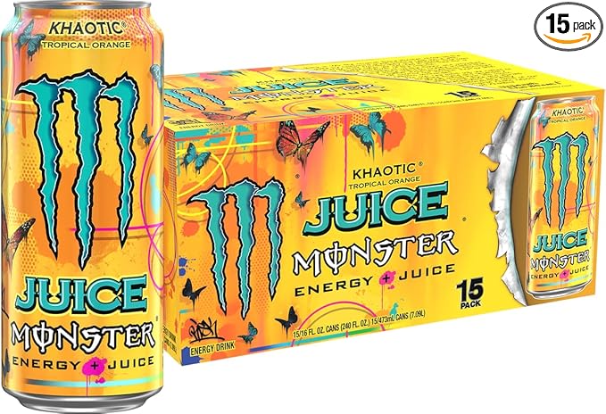 Monster Energy Juice Monster Khaotic Tropical Orange, Energy + Juice, Energy Drink, 16 Ounce (Pack of 15)