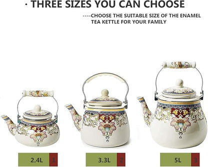Floral Ceramic Enamel Teapot Tea Kettle for Stovetop,Large Porcelain Enameled Teakettle (3.3QT Mystery flower)