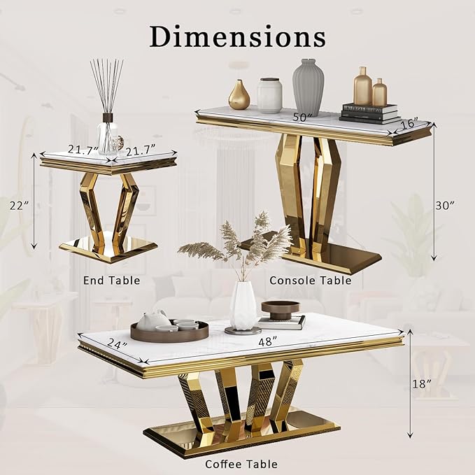 4-Piece Coffee Table Set, White and Gold Living Room Tables with 4 Geometric Bases, 1 Coffee Table + 2 End Table + 1 Console Table for Home Office