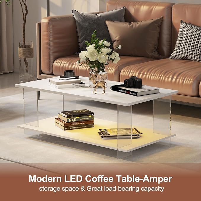 43" Acrylic Coffee Table with Wood Top, Minimalist Stylish Modern Rectangular Center Tables for Living Room, Led Living Room Table with Storage Shelf & Acrylic Frame for Small Space