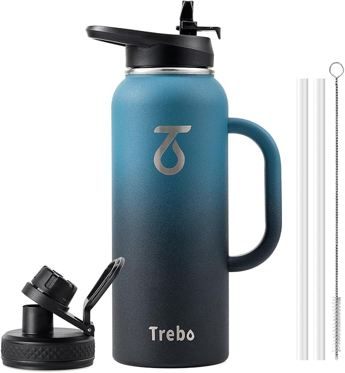 Trebo 40oz Water Bottle Insulated with Handle, Stainless Steel Metal Large Jug,Travel Flask with Straw Spout Lid,Mug Tumbler Cup with Carry Pouch,Keep Cold Hot, Indigo Black