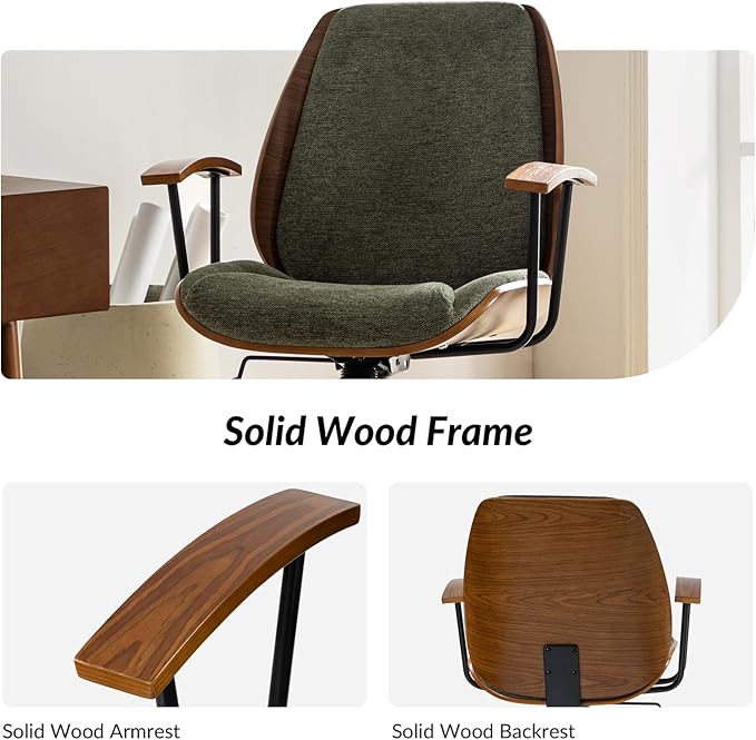 HULALA HOME Solid Wood Office Chair with Rocking Function, Comfy Fabric Desk Chair with Bent Wood and Metal Base, Height Adjustable Swivel Computer Task Chair, Green