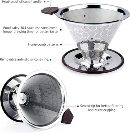 Pour Over Coffee Filter Dripper, Reusable Stainless Steel Metal Drip Coffee Maker Cone, Paperless Permanent Coffee Strainer, Coffee Mesh Filters for 1-4 Cup with Cleaning Brush