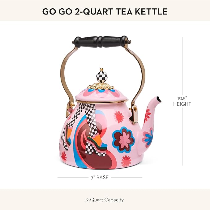 MACKENZIE-CHILDS 2-Quart Enamel Tea Kettle, Cute Tea Kettle for Stovetop, Go Go