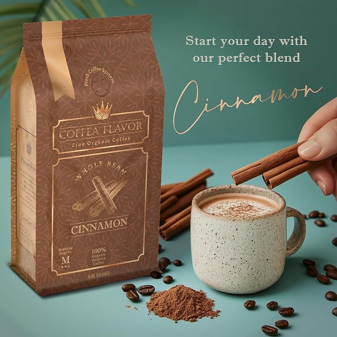 Cinnamon Flavored Whole Bean Coffee – 100% Arabica, Single Origin, Medium Roast, Naturally Sweetened, Warm and Spicy Flavor – by Coffea Flavor