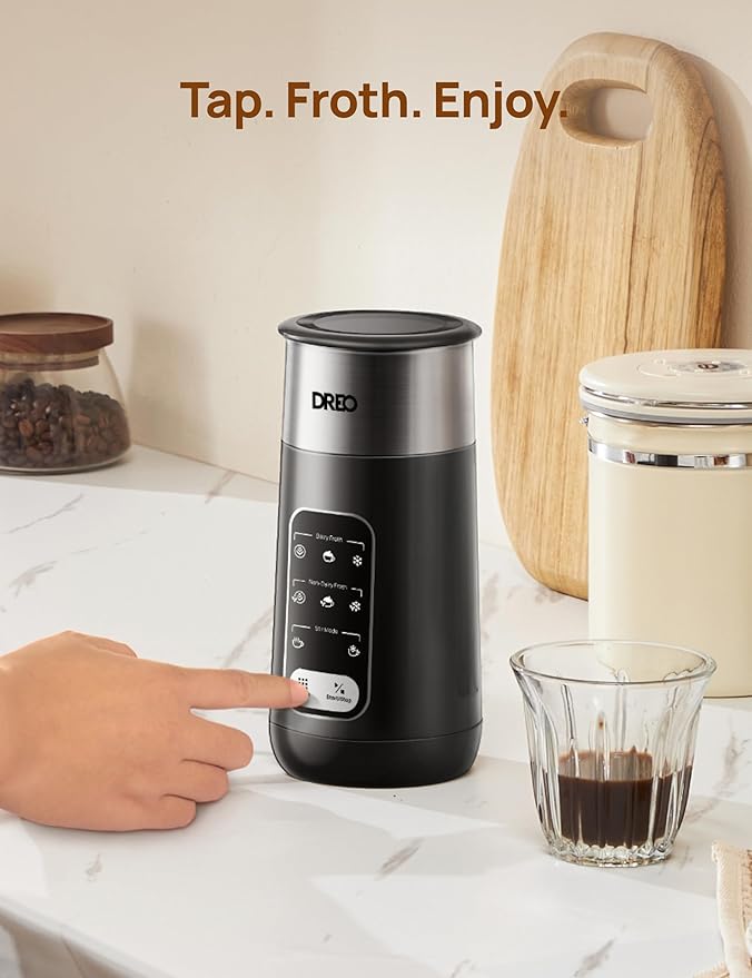 DREO 8-in-1 Milk Frother [Upgraded], Electric Stainless Steel Frother for Latte Art Microfoam and Coffee, 9oz/270ml Warm and Cold Foam Automatic Frothers, LED, Easy to Clean