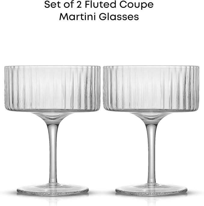 JoyJolt Elle Fluted 10oz Coupe Glass Set of 2, Unique Champagne Glasses for Cocktails and Martinis, Ribbed Vintage Style Drinking Glasses