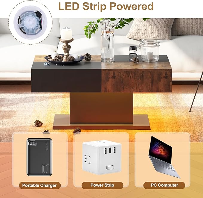 Led Coffee Table for Living Room, Living Room Table Rectangular Center Table, Modern Wooden Coffee Tables with 16 Colors LED Lights for Dining Reception Room