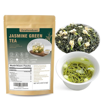 ZenVerdant Premium Jasmine Green Tea Loose Leaf | 7x Scented, Low Caffeine, High Antioxidant | Cold Brew Ready, Smooth Taste, Natural Floral Notes