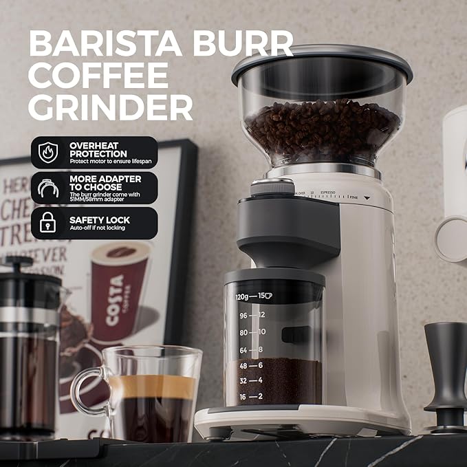 Electric Burr Coffee Been Grinder with Adjustable 24 Precise Grind Settings, 40s Digital Timer for French Press, Espresso, and Drip Pour Over, Home Use (White)