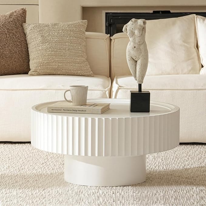 Round Coffee Table, Modern Living Room Tables with Mushroom Shape and Grooved Design, Circle Accent Pinewood Center Table for Living Room, Apartment (White, 31.8''L×14.9''H)