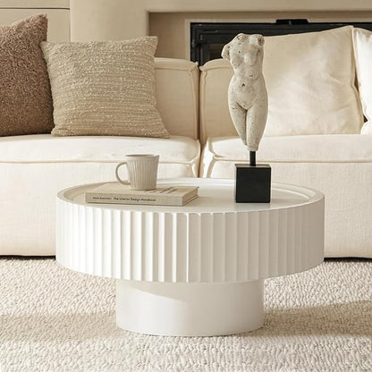 Round Coffee Table, Modern Living Room Tables with Mushroom Shape and Grooved Design, Circle Accent Pinewood Center Table for Living Room, Apartment (White, 31.8''L×14.9''H)