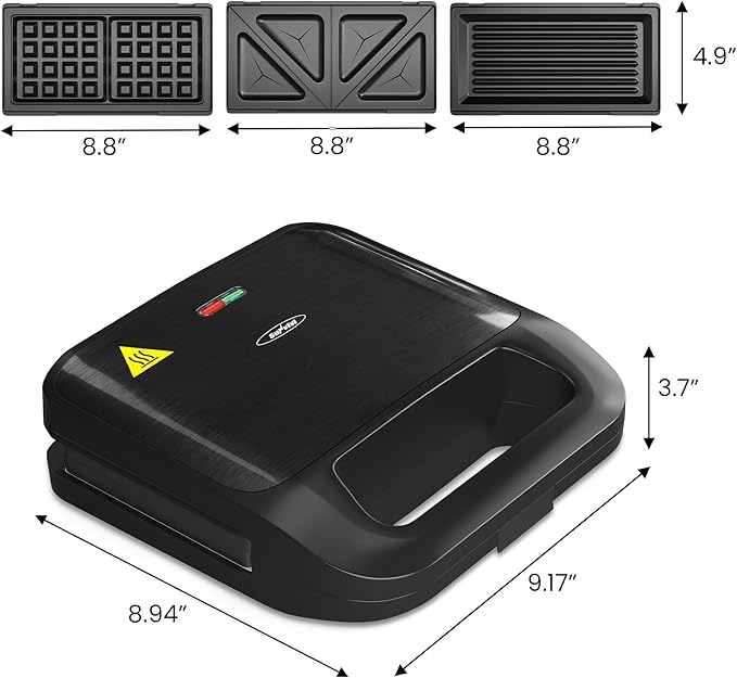 Sunvivi Sandwich Maker Panini Press: Waffle Maker with Removable Plates, 3 in 1 Sandwich Maker Press with Non-Stick Plates, Indicator Lights & Cool Touch Handle, 750W, Black
