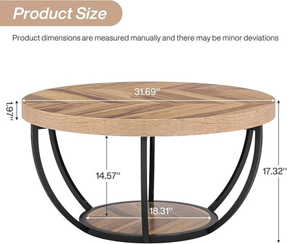 Tribesigns 31.7" Round Industrial Coffee Table with 2-Tier Storage Shelves, Modern Wood & Black Metal Accent Center Table for Living Room, Home Office – Easy Assembly