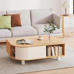 Load image into Gallery viewer, Boho 39.4" Coffee Table with Storage - Leaf-Shaped Wood Center Table, Retro Fluted Central Table with Sliding Door &amp; Large Hidden Compartment, for Living Room Home Office, Oak