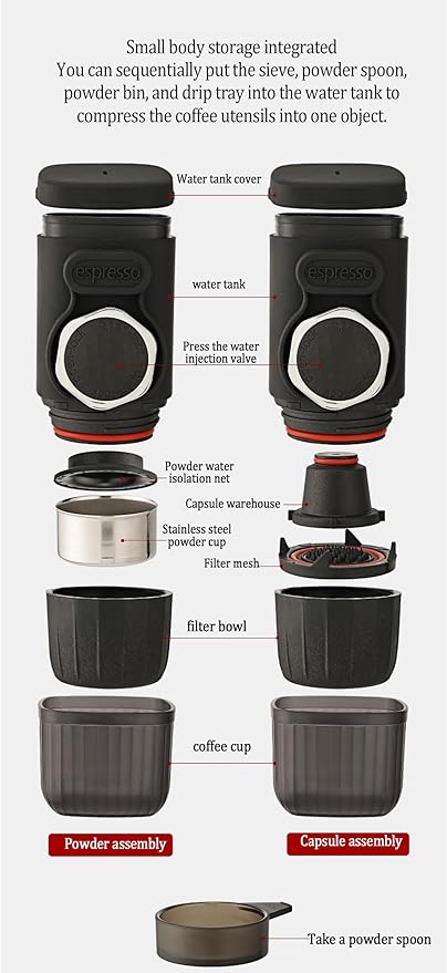 Portable Hand press Coffee Maker with with Capsule Compartment and Coffee Powder Bowl & Travel Mug - Compact Espresso Machine for Home, Travel, Manual Coffee Brewing