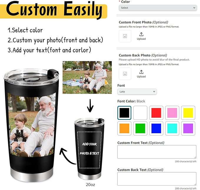 Personalized Tumbler with Pictures Text, Custom Photo Stainless Steel Coffee Tumbler, Coffee Travel Cup Mug 20 Oz Custom Gifts for Fathers Day Christmas Birthday for Dad Mom Kids