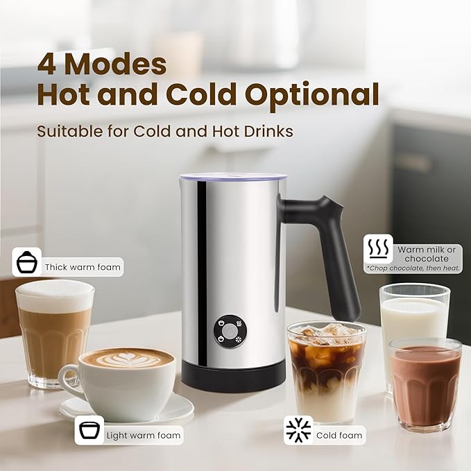 Milk Frother, 4-in-1 Milk Frother and Steamer, 10.6oz Electric Milk Steamer, Automatic Cold and Hot Foam maker for Lattes, Cappuccinos, Ceramic Lining Interior (Polished)
