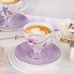 Load image into Gallery viewer, KAMMAK Ceramic Coffee Cups Saucers Set of 2, Porcelain Espresso Cups with Saucers, 8.12 oz Handcrafted Elegant Bone China Tea Cups, Purple Hibiscus &amp; Iris Flower Pattern Teacup for Party, Office, Gift