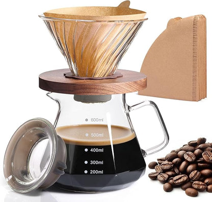 Pour Over Coffee Maker, Borosilicate Glass Drip Coffee Maker with Reusable Stainless Steel Filter and Cork Grip for Home Café (Walnut Collar, 20 OZ)