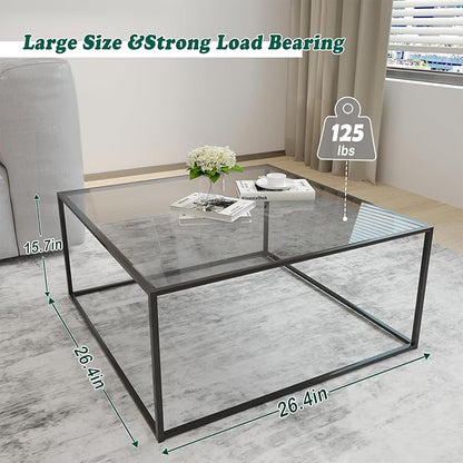 Glass Coffee Tables for Living Room Square Modern Center Table for Small Space,Tempered Glass-top with Sturdy Metal Frame Sofa Side End Table, Easy Assembly,26.4 x 26.4 x 15.7 Inches, Gray Black