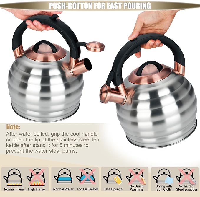 Tea Kettle for Stove Top Whistling Teapot, 3.2Q Tea Pot Stainless Steel Teakettle with Heat Proof Ergonomic Handle