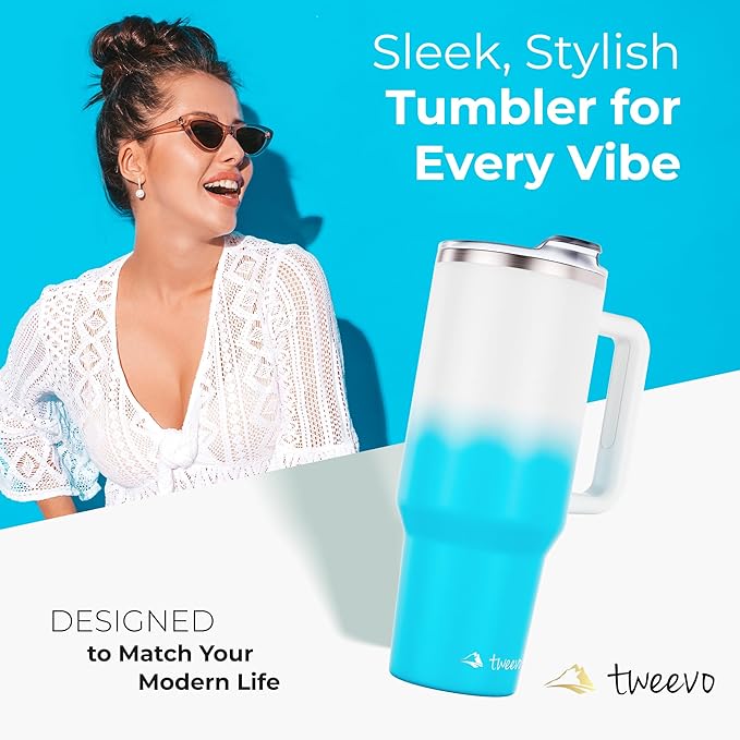40 oz Tumbler With Handle and Straw Made of Stainless Steel - Double Wall Vacuum Insulated Tumbler With Lid - Sweat Proof Easy Grip, BPA-Free, Dishwasher Safe Tumbler (Blue & White)