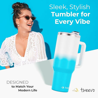 40 oz Tumbler With Handle and Straw Made of Stainless Steel - Double Wall Vacuum Insulated Tumbler With Lid - Sweat Proof Easy Grip, BPA-Free, Dishwasher Safe Tumbler (Blue & White)