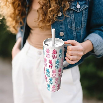 TILUCK 30 oz Tumbler with Handle, Vacuum Insulated Stainless Steel Travel Mug with 100% Leak-Proof Silicone Straw Lid, Cupholder Friendly Water Bottle(Pineapple, 30oz)