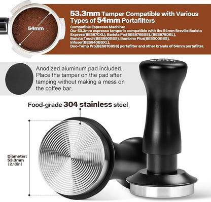 MEION Espresso Tamper 53.3mm Coffee Tamper, Calibrated Dual Spring Loaded Barista Tamper with Stainless Steel Base, Comes with aluminum storage pad (53.3MM, Black)
