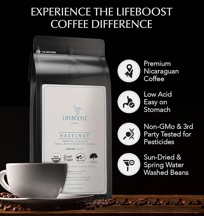 Lifeboost Hazelnut Ground Coffee – Organic, Low Acid, Non-GMO Hazelnut Flavored Coffee – Single Origin, Mold-Free Mycotoxin Tested Coffee, 12 oz