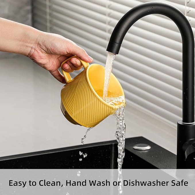 Stackable Coffee Mugs Set: 13 oz Ceramic Stacking Cups for Cappuccino Latte Tea - Microwave Safe Mug for Home & Office - 4 PCS, Light Yellow