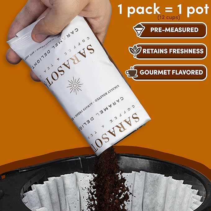 Coffee Packets – Salted Caramel Flavored Medium Roast Ground Coffee, Low Acid Mold Free 2 oz Packs for 12 Cup Brewers, Pre-Measured Fractional Packs, 12 Count Box – Sarasota