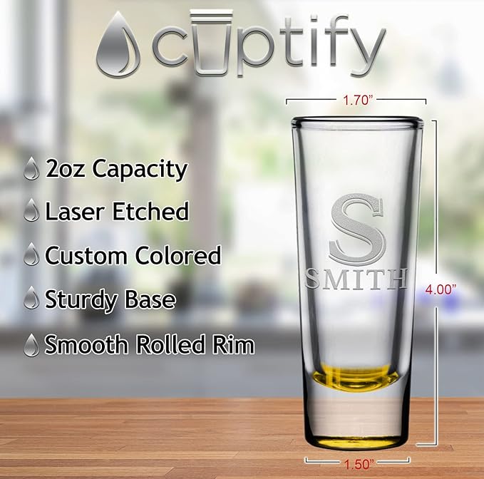 Personalized Shot Glasses Set of 8 Yellow Bottom Custom 2 oz Cordial Shot Glass Initial and Name for Gifts, Weddings, Birthdays, Party, Event, Decorations