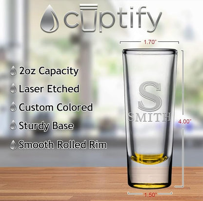 Personalized Shot Glasses Set of 4 Yellow Bottom Custom 2 oz Cordial Shot Glass Initial and Name for Gifts, Weddings, Birthdays, Party, Event, Decorations