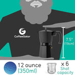 Load image into Gallery viewer, Coffee Gator Moka Pot - 6 Cup, 12oz Stovetop Espresso Maker - Classic Italian and Cuban Coffee Percolator w/ 2 Stainless-Steel Cups – Matte Grey Aluminum, 360ml