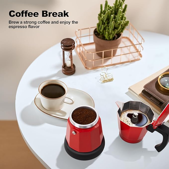 Electric Aluminum Moka Pot 5-6 Cup 270ml Espresso Maker with Detachable Base Ideal Coffee Makers for Home MochaPot Italian and Cuban Café Coffeemaker Espressomaker CoffeePot Red