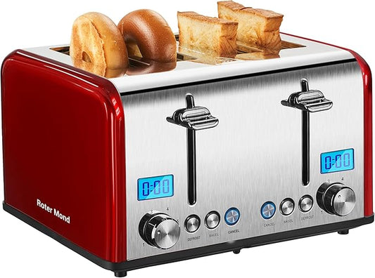 Roter Mond Countdown Stainless Steel 4 Slice Toaster with Bagel, Defrost, Cancel Function, Dual Toaster, Extra Wide Slots, 6 Shade Settings, Removable Crumb Trays, 1650W, Red