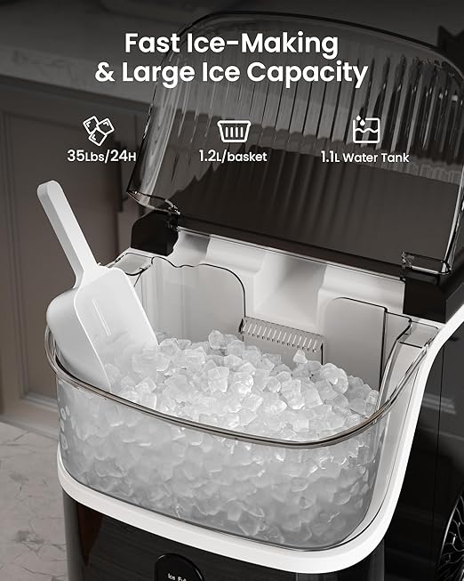 Kismile Nugget Ice Maker Countertop,35Lbs/24H Pellet Ice Machine with Chewable Ice,Self-Cleaning Pebble Ice Maker with Ice Scoop,One-Click Operation,for Home/Kitchen/Office(Black)